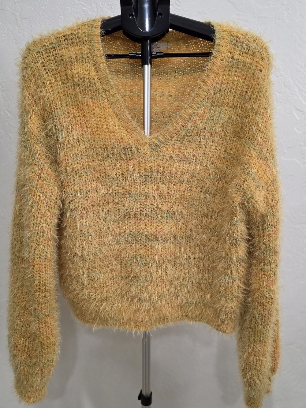 Chelsea & Violet Fuzzy V-Neck Sweater in Mustard Yellow